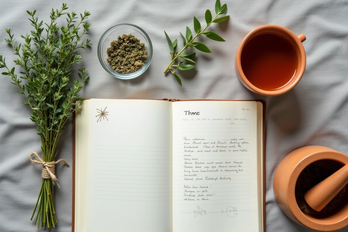 Vue du dessus d'un arrangement plat avec du thym séché, un mortier, un carnet de remèdes aux plantes et une infusion de thym dans une tasse en terre cuite sur fond lin gris