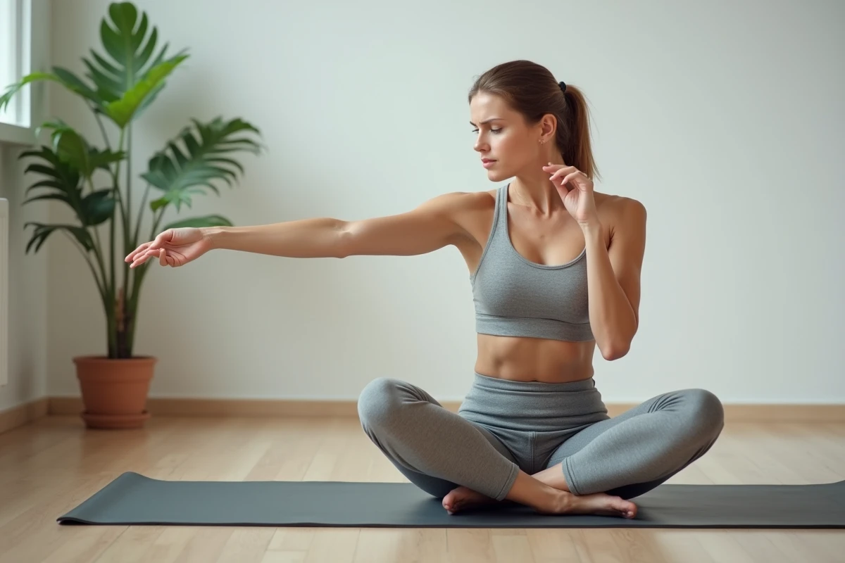 Femme examinant ses doigts et son bras après des fourmillements lors d'une séance de yoga à domicile