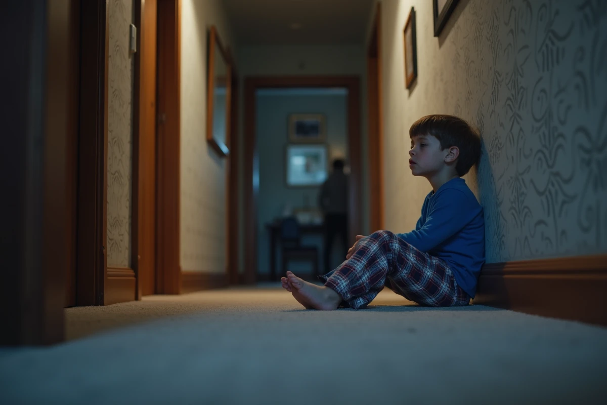 Jeune garçon toussant dans le couloir la nuit