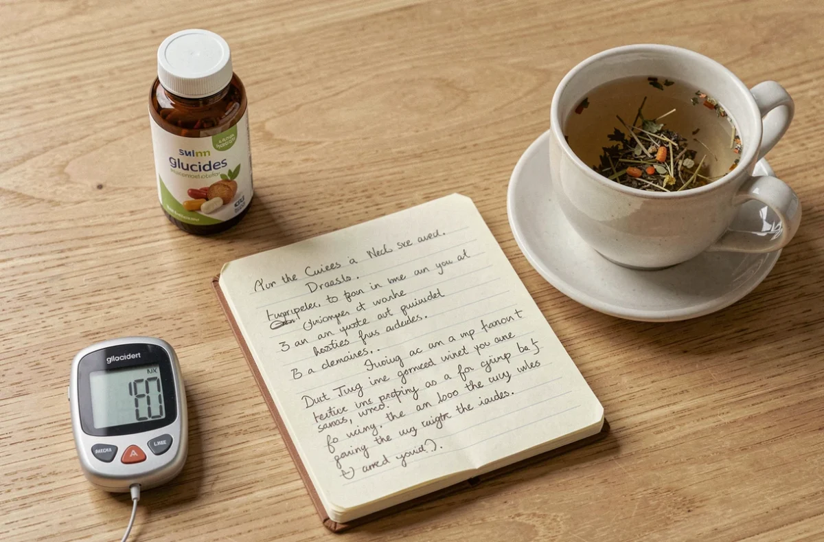 Mise en scène réaliste d'un complément alimentaire Glucavit avec carnet de santé et lecteur de glycémie sur bureau en bois