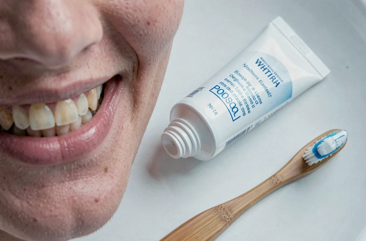 Gros plan d'un sourire aux dents légèrement jaunies à côté d'un tube de dentifrice blanchissant ouvert sur un lavabo en céramique blanche