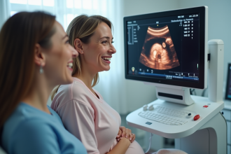 Femme enceinte souriante lors d'une échographie en couple