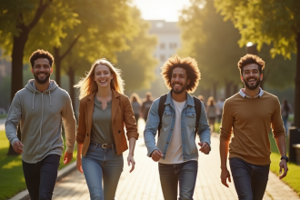Groupe d'adultes marchant dans un parc urbain ensoleille