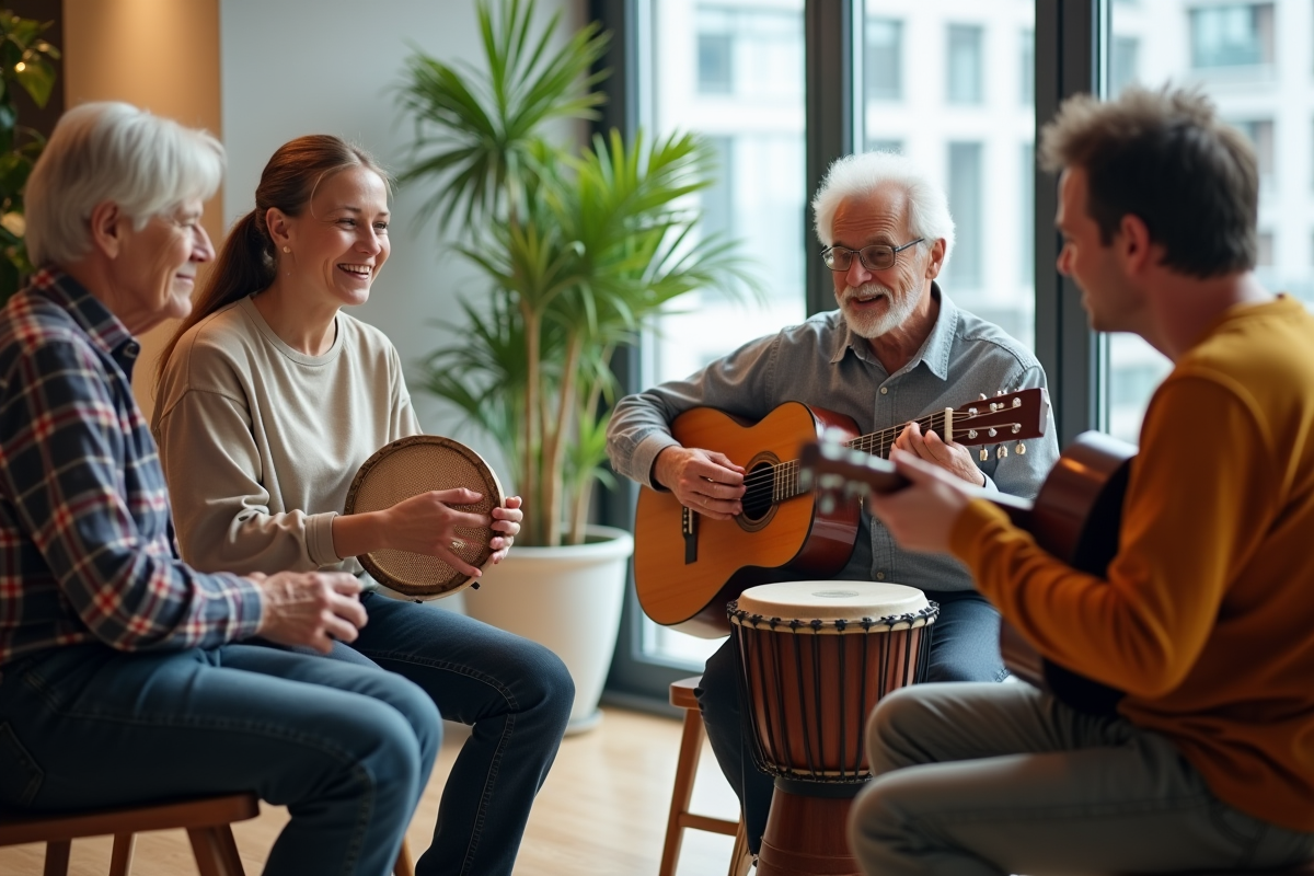 Groupe de trois personnes jouant de la musique dans un centre communautaire moderne