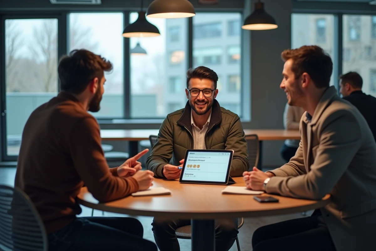 Groupe de personnes partageant des retours d'expérience autour d'une tablette dans un espace de coworking