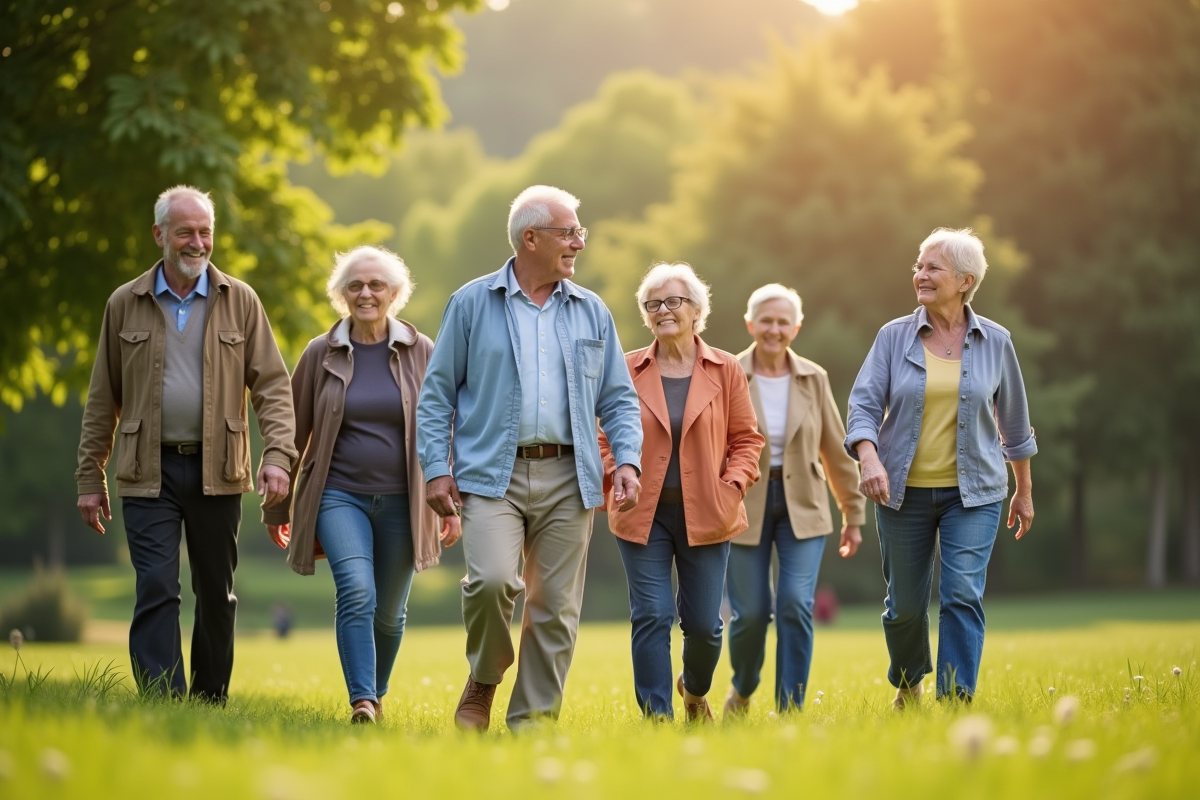 Groupe de seniors marchant dans un parc en pleine nature ensoleillée