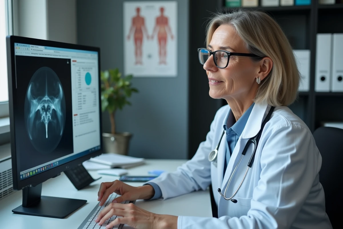 Gynécologue analysant un rapport de cytologie cervicale sur ordinateur dans son cabinet médical