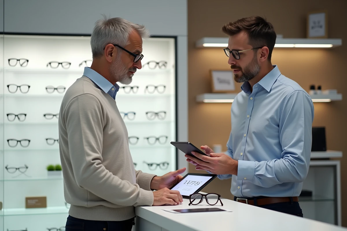 Homme discute avec opticien dans un magasin d