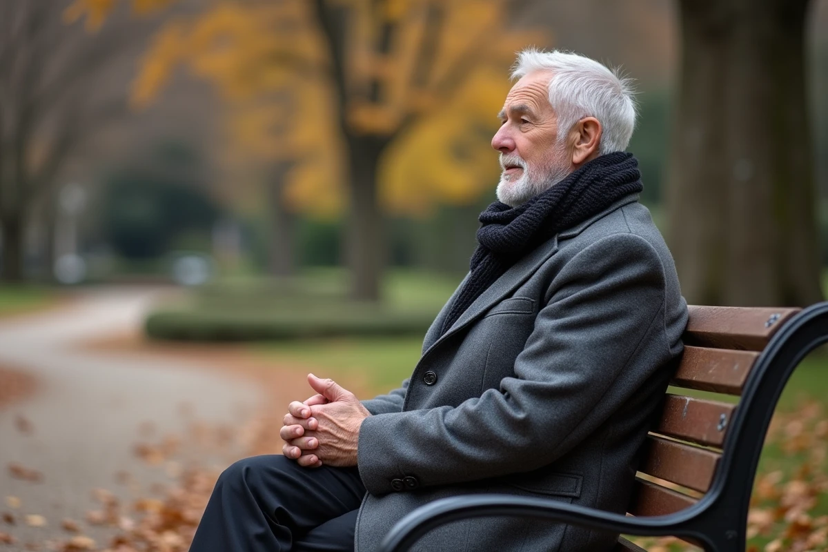Homme âgé aux cheveux blancs assis pensivement sur un banc dans un parc automnal, image évocatrice de réflexion sur la santé et la vie publique