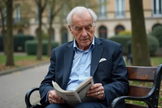 Homme âgé en costume dans un parc parisien contemplant un journal