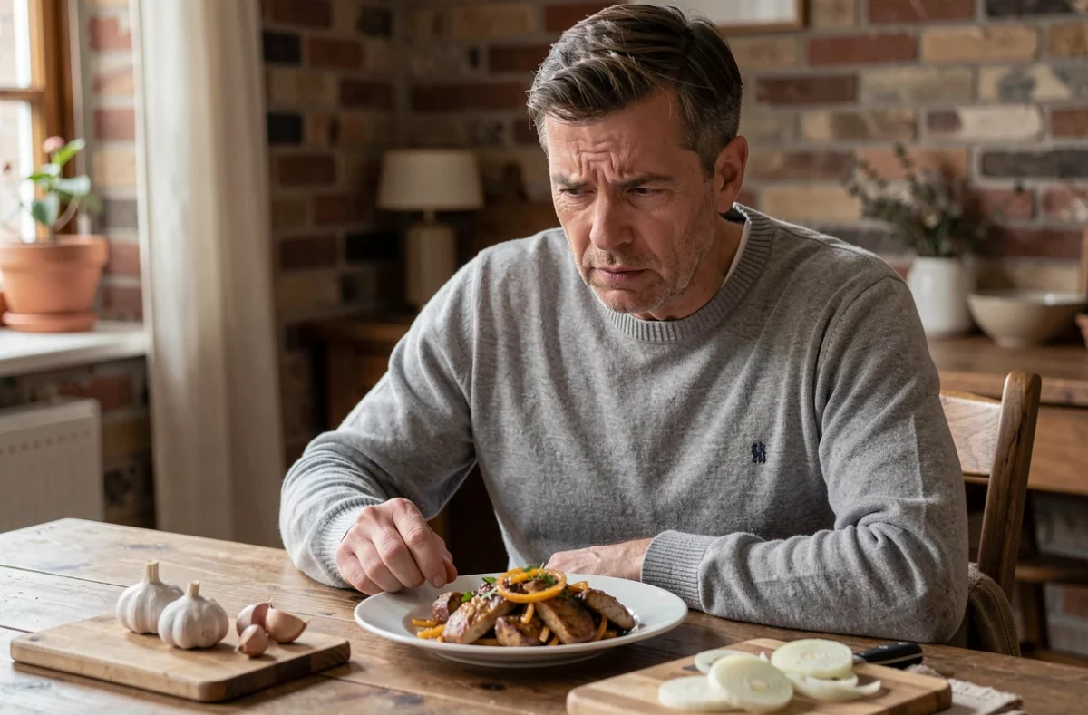 Homme regardant son assiette avec méfiance face à des oignons et de l'ail, évoquant une allergie alimentaire