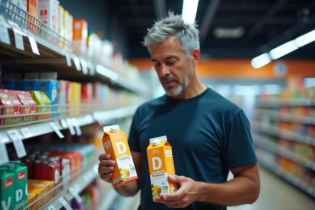 Homme comparant les apports en vitamine D indiqués sur des emballages de jus de fruits et lait végétal en supermarché