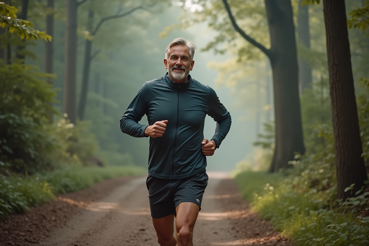 Homme en jogging dans la forêt au matin