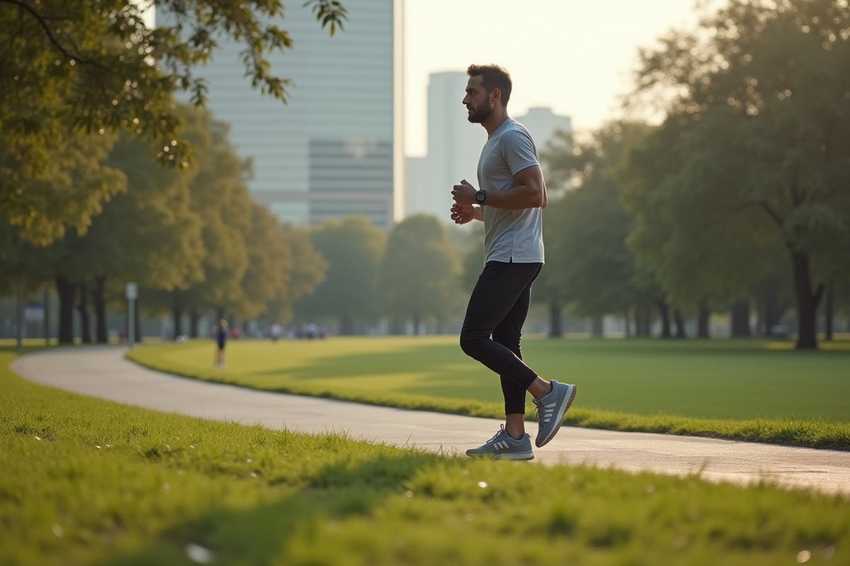 Homme courant dans un parc urbain paisible