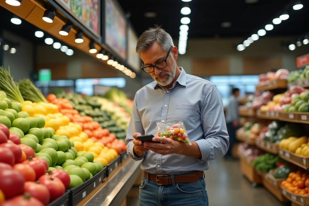 Homme choisissant des fruits dans une épicerie