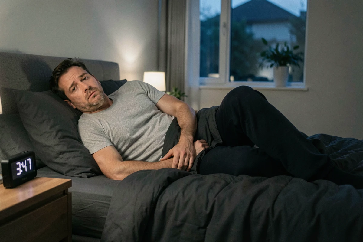 Homme allongé dans son lit la nuit, incapable de dormir à cause de démangeaisons persistantes sur les jambes, symptôme nocturne préoccupant