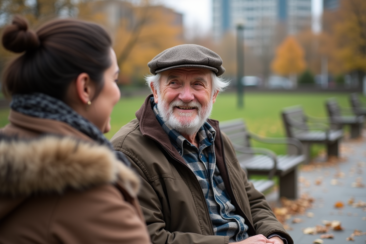 Homme agee en plein air discutant avec un aidant dans un parc