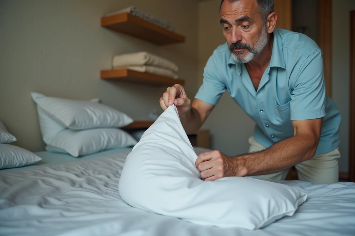 Homme vérifiant un drap dans sa chambre simple