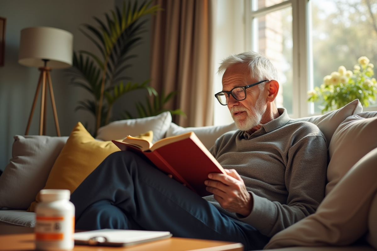 Homme age lisant un livre avec capsules de vitamine B5