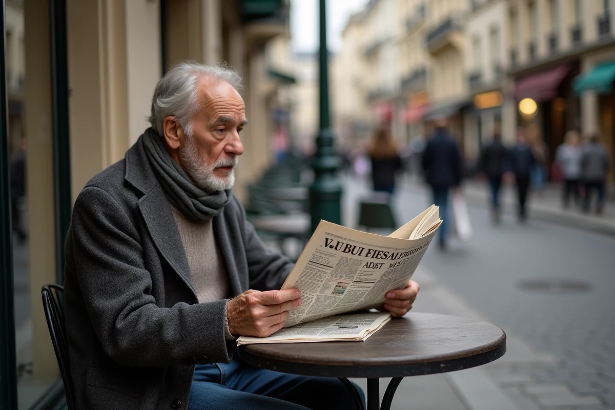 Homme âgé lisant un journal dans un café parisien