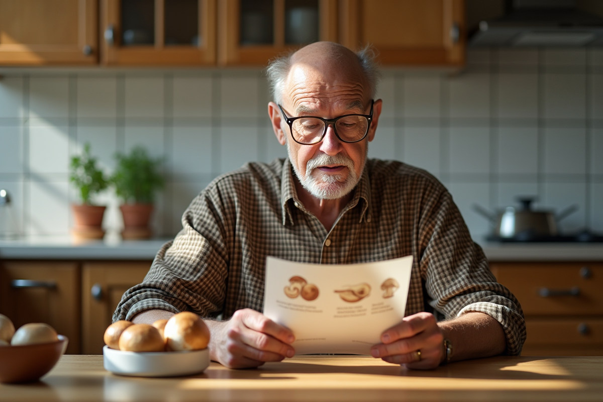 Homme âgé lisant un dépliant sur les champignons en cuisine