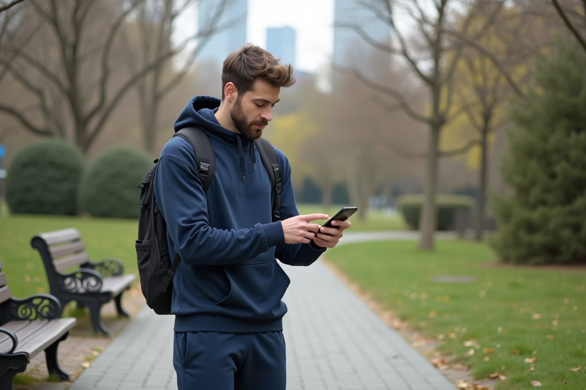 Homme en jogging vérifiant son application fitness dans un parc