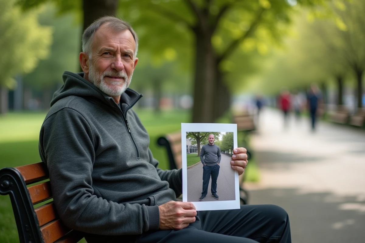 Homme détendu montrant un collage photo de transformation dans un parc