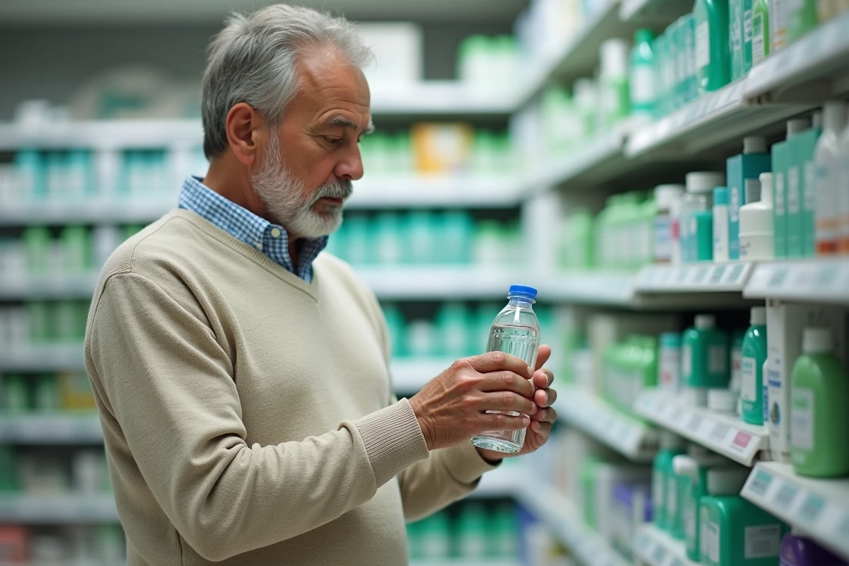 Homme lisant l'étiquette d'une bouteille d'eau Saint Antonin en pharmacie pour comprendre ses effets sur le transit intestinal
