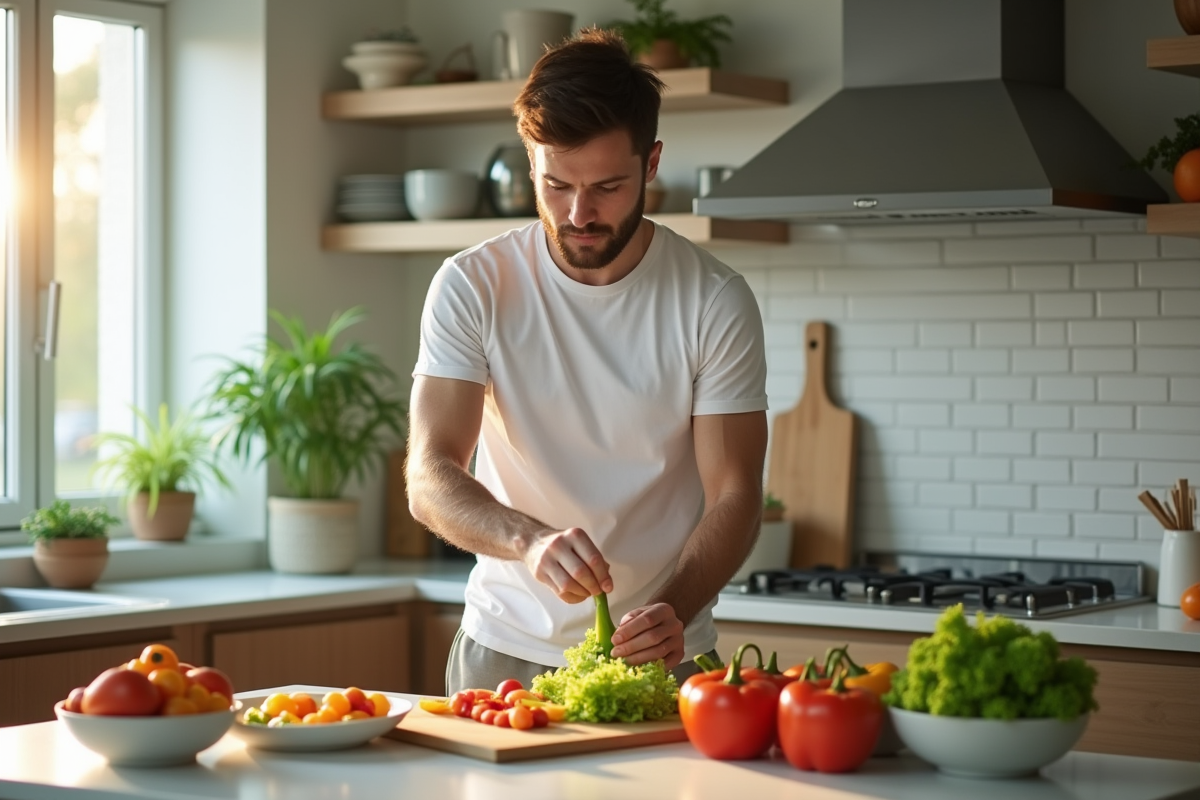 Homme préparant une salade dans une cuisine moderne