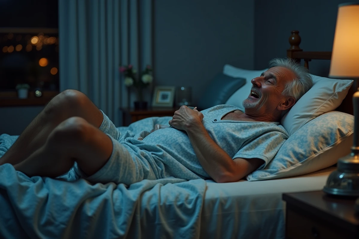 Homme âgé surpris se réveillant avec douleur au pied