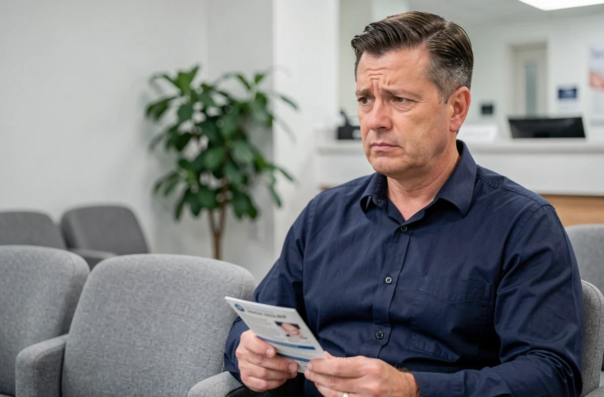 Homme assis dans la salle d'attente d'un cabinet dentaire tenant une brochure et réfléchissant aux solutions pour blanchir ses dents jaunies