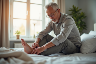 Homme senior examinant son pied dans une chambre lumineuse