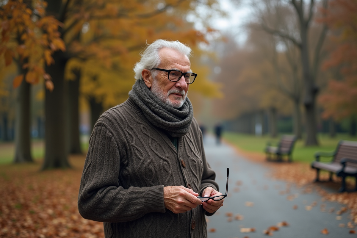 Homme âgé contemplant dans un parc en automne