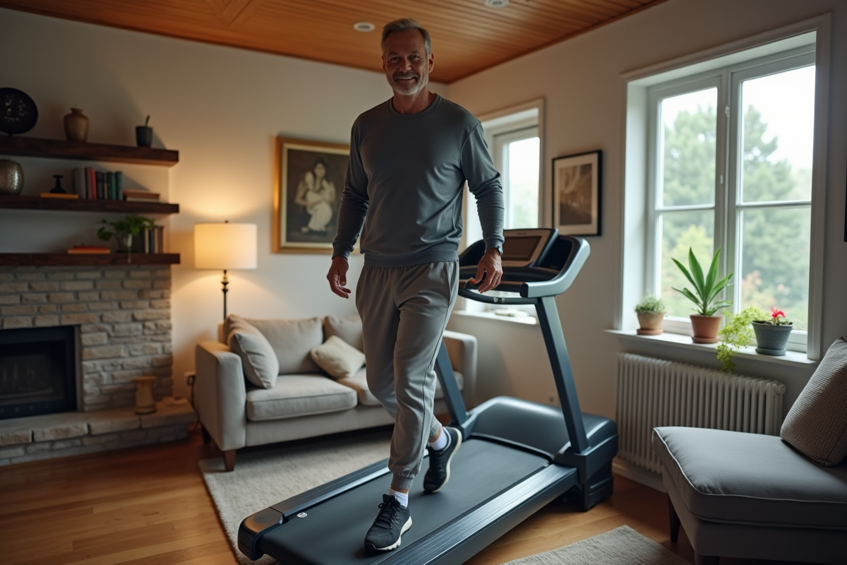 Homme après entraînement sur tapis dans un salon intérieur