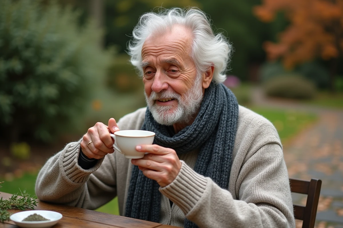 Homme âgé dégustant du thé au thym dans un jardin paisible