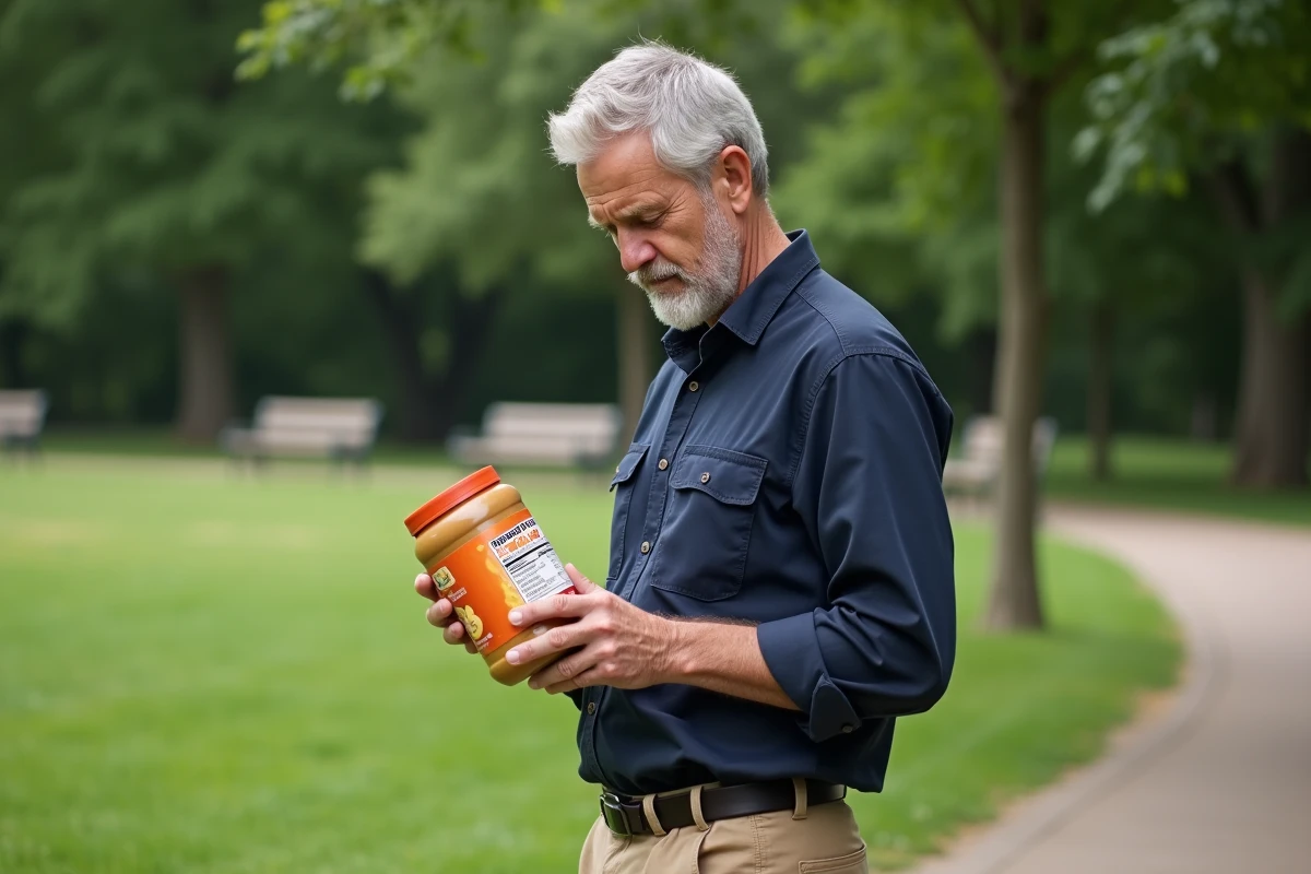 Homme lisant l étiquette d un pot de beurre de cacahuete