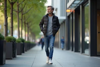 Homme d'âge moyen marchant dans la ville urbaine