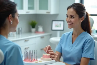 Hygiéniste dentaire expliquant les options d'appareils dentaires à une patiente dans un cabinet The Smilist moderne