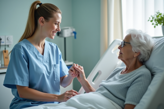 Infirmière en uniforme bleu aidant une personne âgée