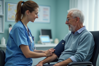 Infirmière vérifiant la pression d'un patient âgé
