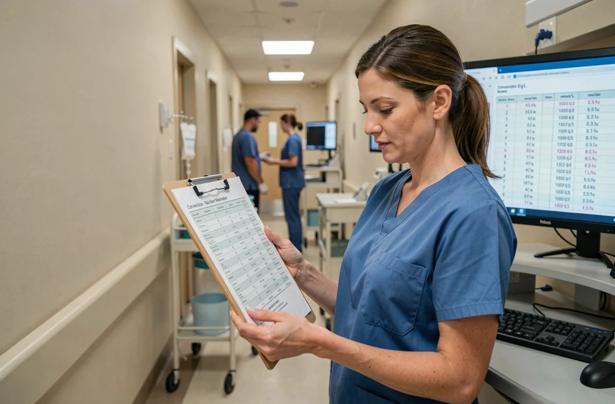 Infirmière en milieu hospitalier consultant un tableau de conversion d'unités de concentration pour des analyses sanguines