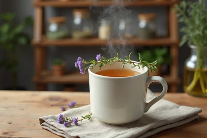 Infusion de thym dorée dans une tasse en céramique blanche avec des brins de thym frais posés sur le bord, sur une table en bois rustique