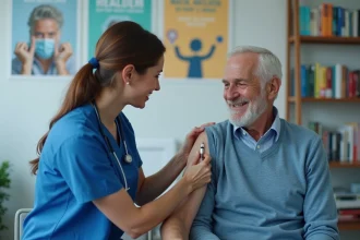 Infirmière en blouse bleue administrant un vaccin à un senior