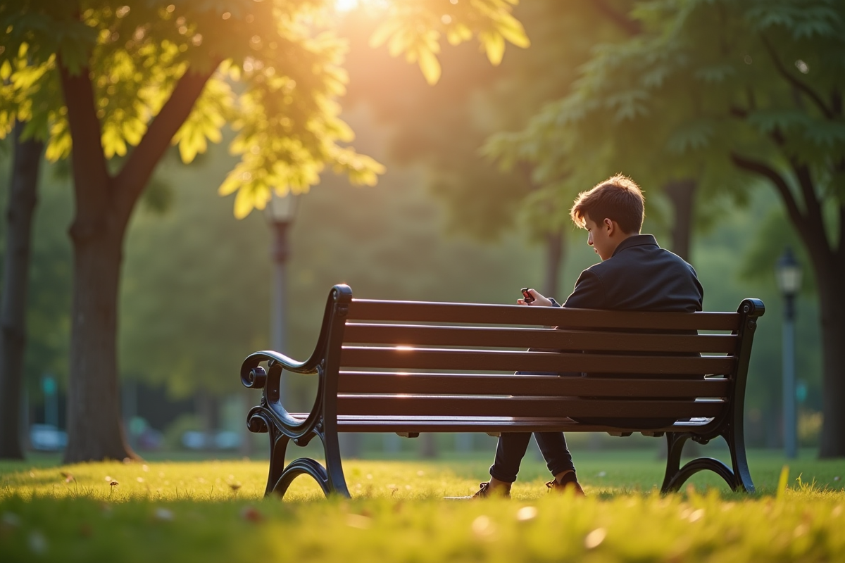 Jeune adulte assis seul sur un banc de parc en ville en journée