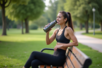 Jeune femme en tenue active buvant dans une bouteille réutilisable dans un parc