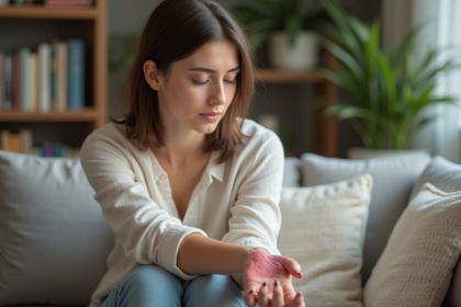 Jeune femme examinant un eczema sur son bras dans un salon chaleureux