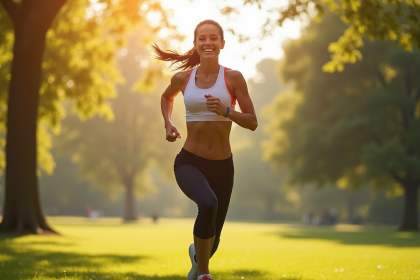 Jeune femme souriante faisant du sport dans un parc ensoleille