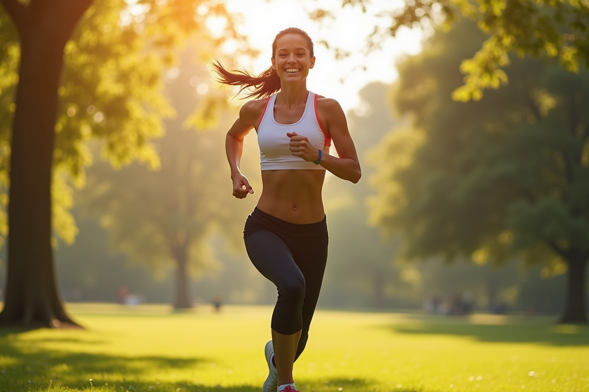 Jeune femme souriante faisant du sport dans un parc ensoleille