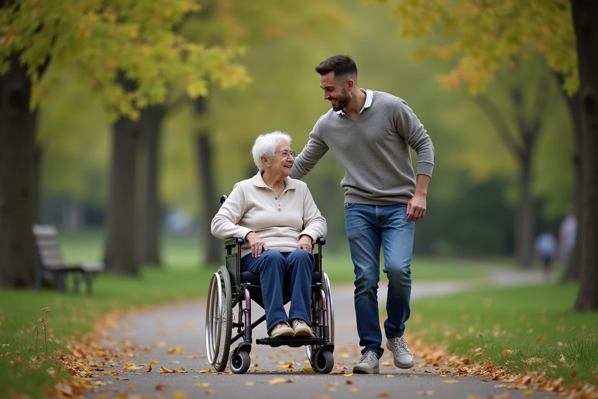 Jeune homme aidant une personne âgée en fauteuil dans un parc