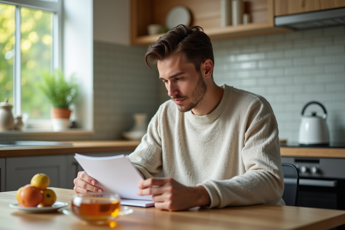 Jeune homme lisant une ordonnance à la cuisine avec fruits et thé